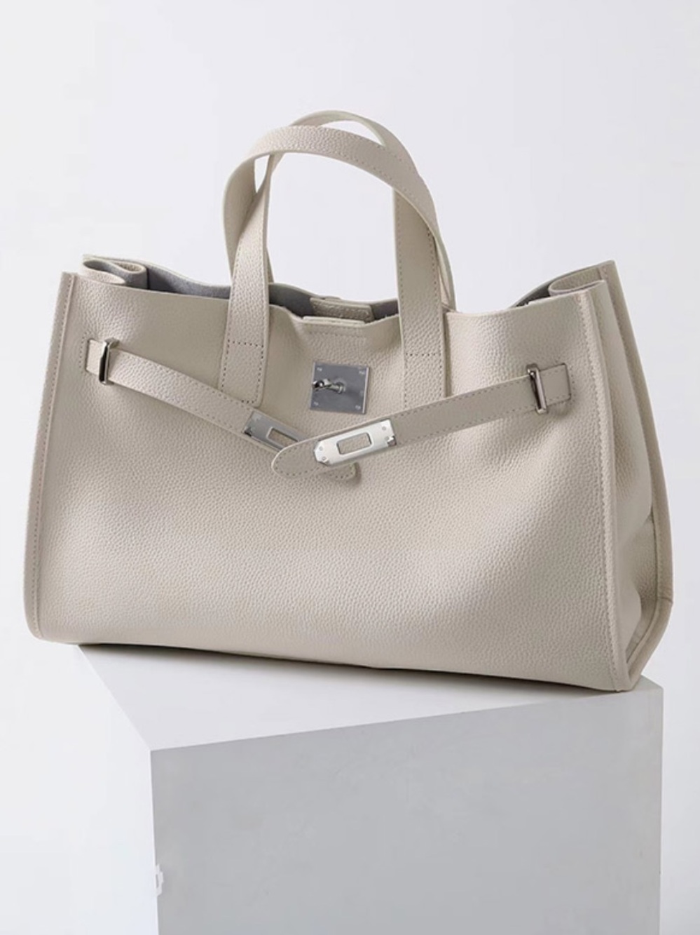 Birkin Top Handle Elegant Beige Leather Tote Bag Laptop Purse - Picture 2 of 6